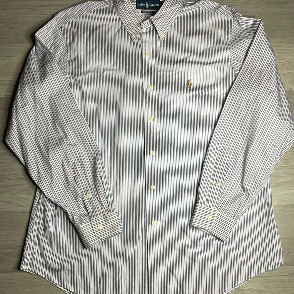 Polo Ralph Lauren Men's 17.5 34/35 Custom‎ Fit Shirt Pink Blue Pony Pinstripe